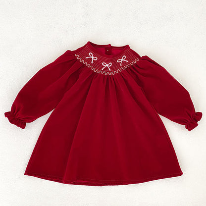 Butterfly-Bows Pattern Long Sleeve Red Dress & Onesie