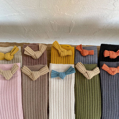 Solid Color Bow Patched Design Mid Tube Socks