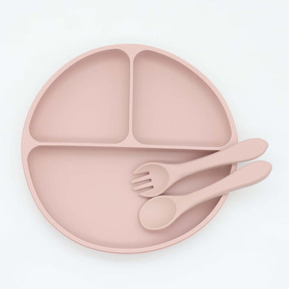 Silicone Round Compartment Dinner Plate With Spoon & Fork Set