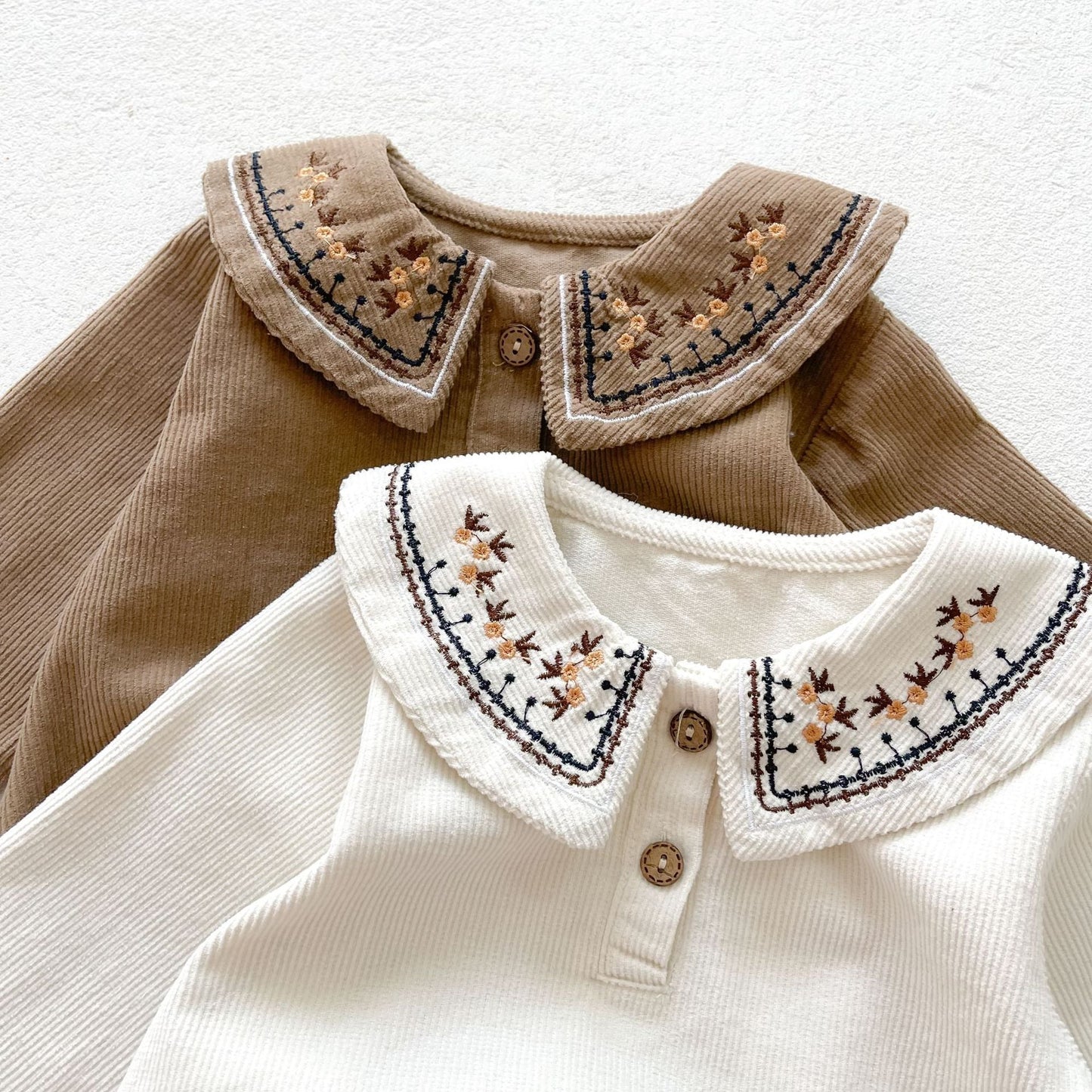 Embroidered Collar Long Sleeve Corduroy Onesie