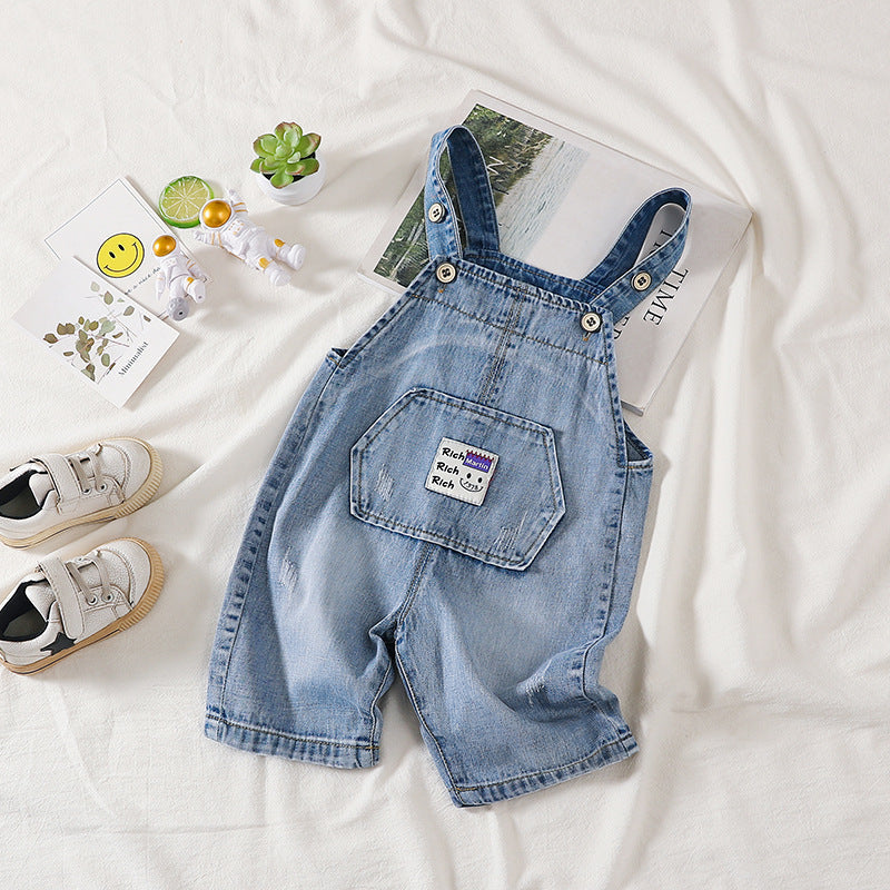 Embroidered Denim Short Overalls with Pocket