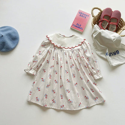 Cherry and Floral Pattern Long Sleeve Dress