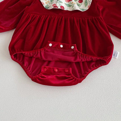 Long Sleeve Cherry Pattern Color Patchwork Onesie