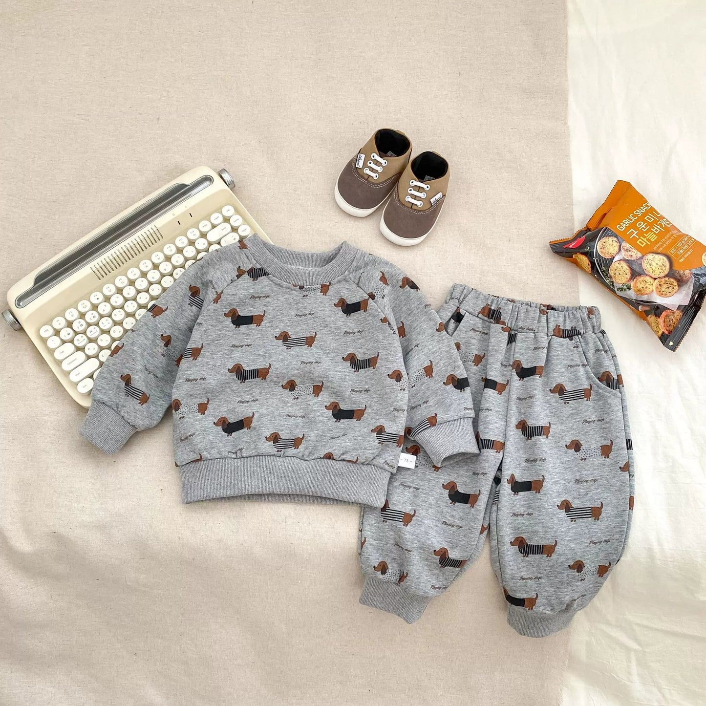 Letters & Puppy Pattern Pullover and Pants Set