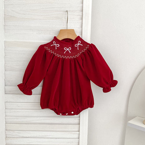 Butterfly-Bows Pattern Long Sleeve Red Dress & Onesie