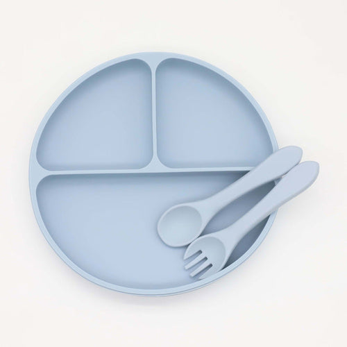 Silicone Round Compartment Dinner Plate With Spoon & Fork Set