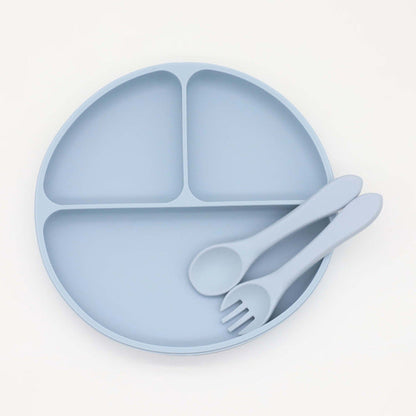 Silicone Round Compartment Dinner Plate With Spoon & Fork Set