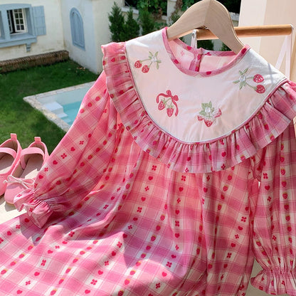 Strawberry and Plaid Pattern Long Sleeve Dress