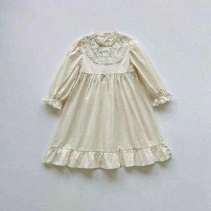 Flower Embroidery Pattern Long Sleeve Dress