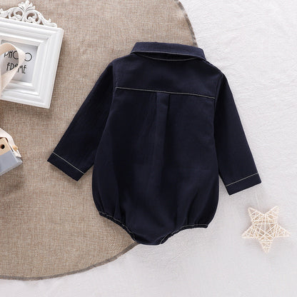 Long Sleeve Single Breasted Turn-Down Collar Onesie