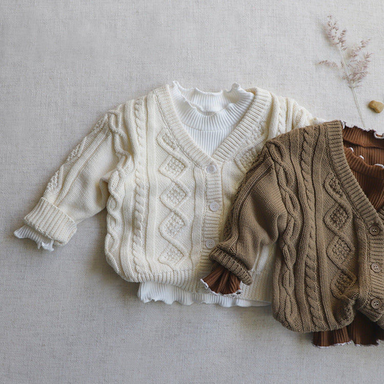 Knit Pattern Solid Color V-Neck Cardigan