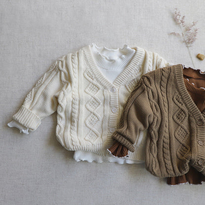 Knit Pattern Solid Color V-Neck Cardigan