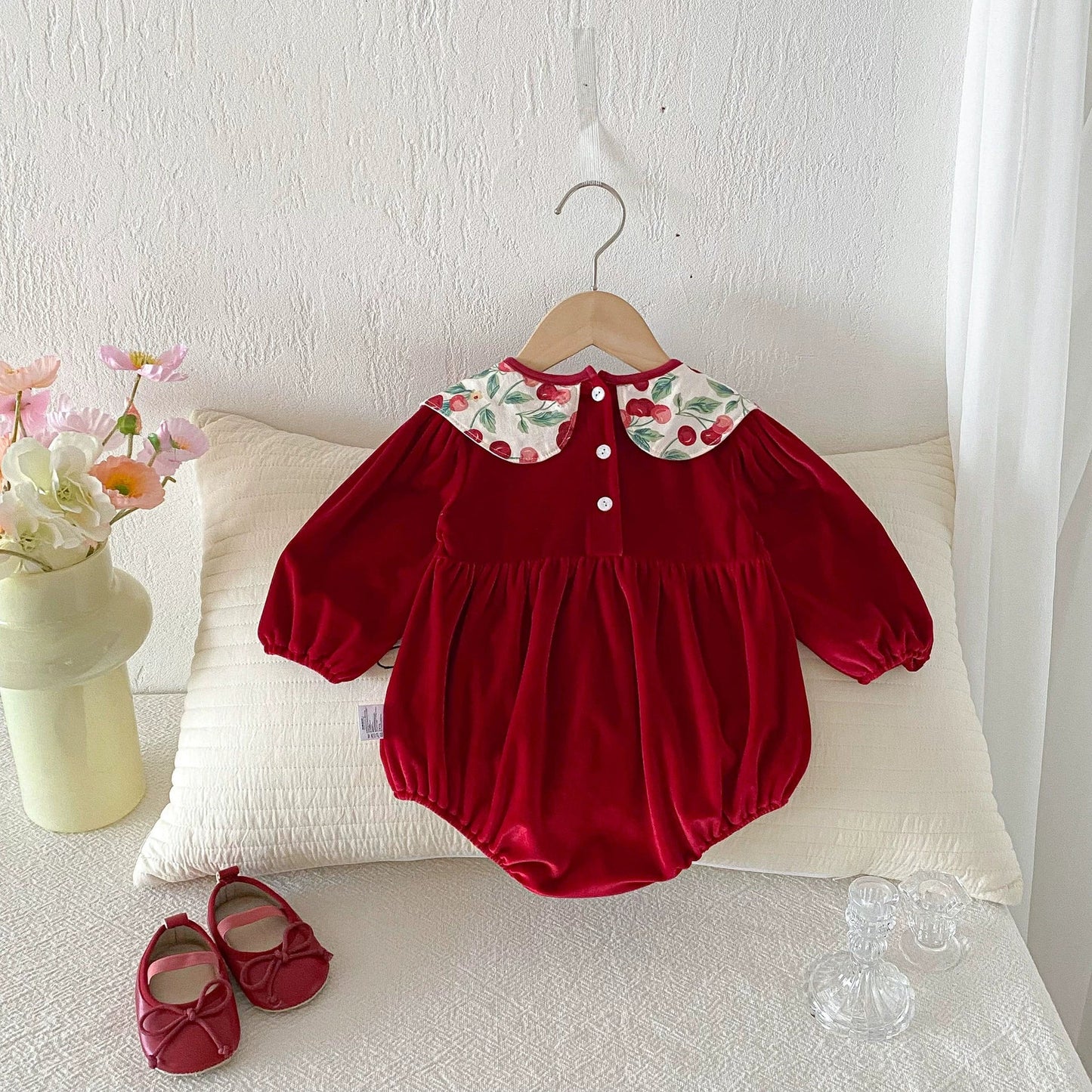 Long Sleeve Cherry Pattern Color Patchwork Onesie