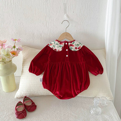 Long Sleeve Cherry Pattern Color Patchwork Onesie