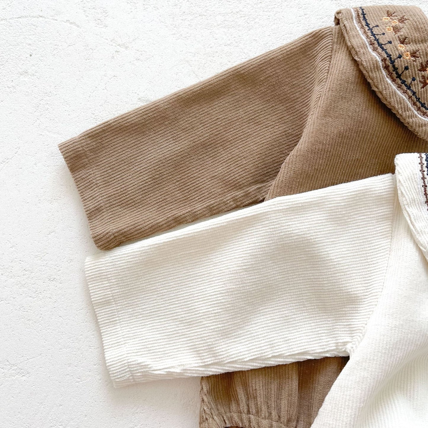 Embroidered Collar Long Sleeve Corduroy Onesie