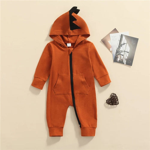 Dinosaur Shape Zipper Front Romper With Hat