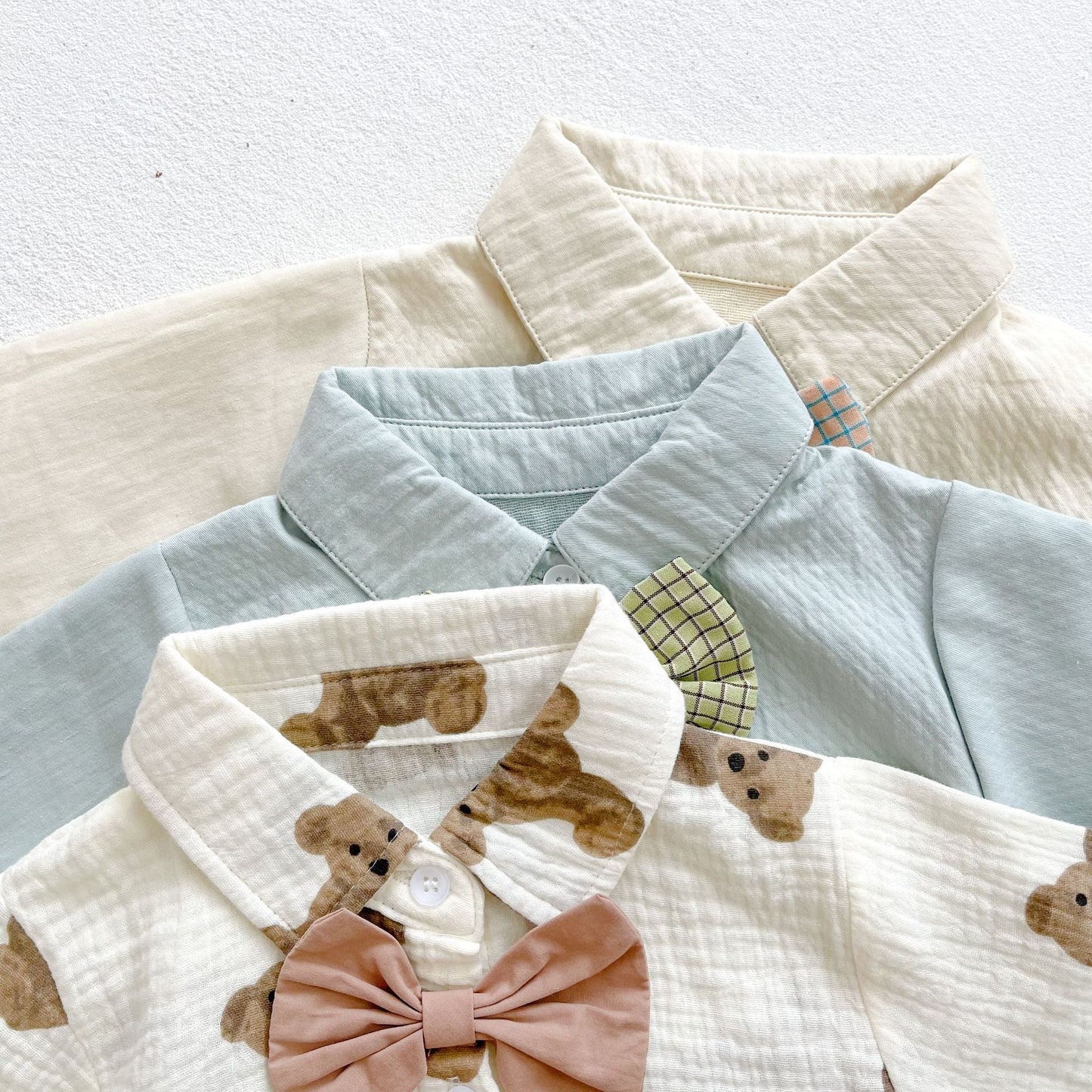 Single-Breasted Bear Print Onesie with Bow Tie