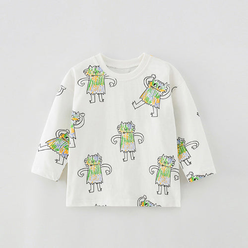 Cartoon Print Soft Cotton Long Sleeve Crewneck Shirt