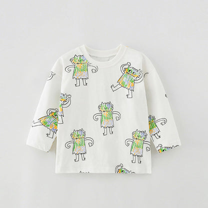Cartoon Print Soft Cotton Long Sleeve Crewneck Shirt