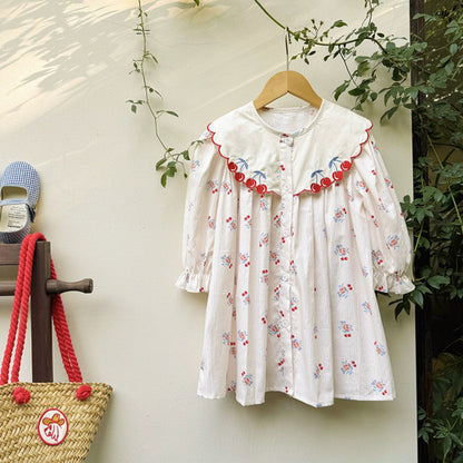 Cherry and Floral Pattern Long Sleeve Dress