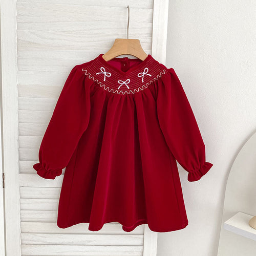 Butterfly-Bows Pattern Long Sleeve Red Dress & Onesie