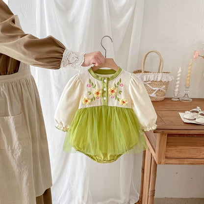 Long Sleeve Flower Pattern Tulle Patchwork Onesie Dress
