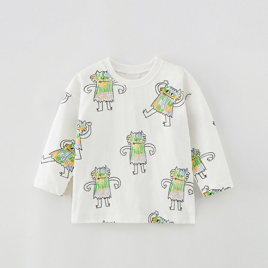Cartoon Print Soft Cotton Long Sleeve Crewneck Shirt