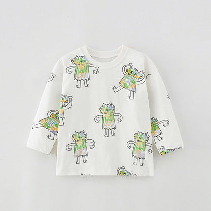 Cartoon Print Soft Cotton Long Sleeve Crewneck Shirt