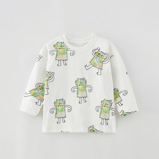 Cartoon Print Soft Cotton Long Sleeve Crewneck Shirt