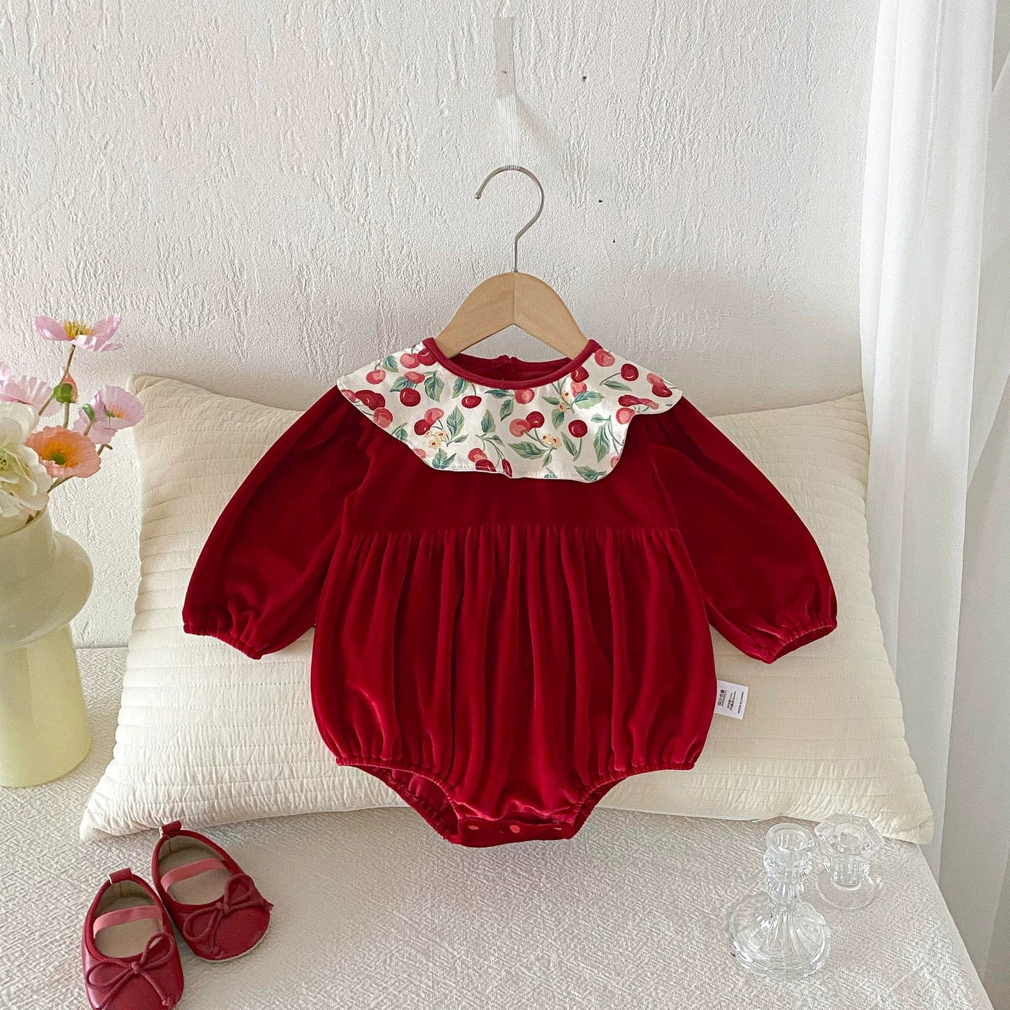 Long Sleeve Cherry Pattern Color Patchwork Onesie