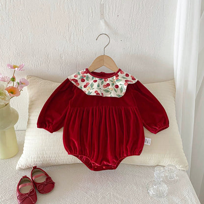 Long Sleeve Cherry Pattern Color Patchwork Onesie
