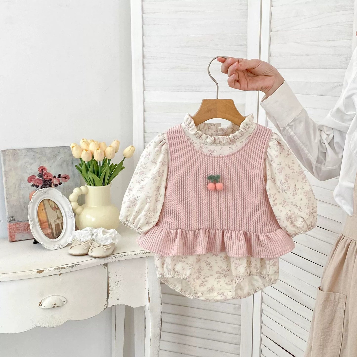 Cherry Decorated Sleeveless Onesie & Vest