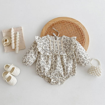 Khaki Floral Print Long Sleeve Onesie