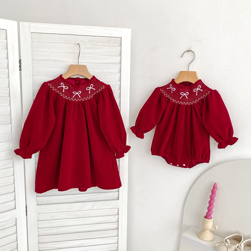 Butterfly-Bows Pattern Long Sleeve Red Dress & Onesie