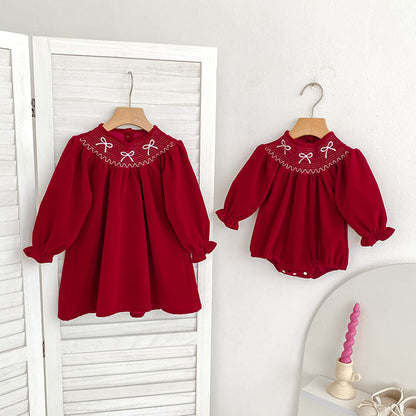 Butterfly-Bows Pattern Long Sleeve Red Dress & Onesie