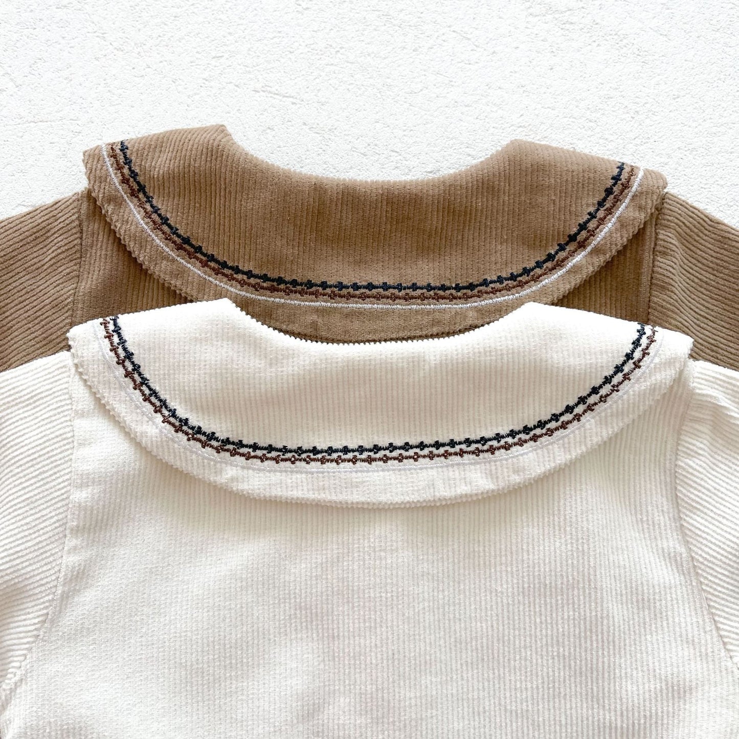Embroidered Collar Long Sleeve Corduroy Onesie