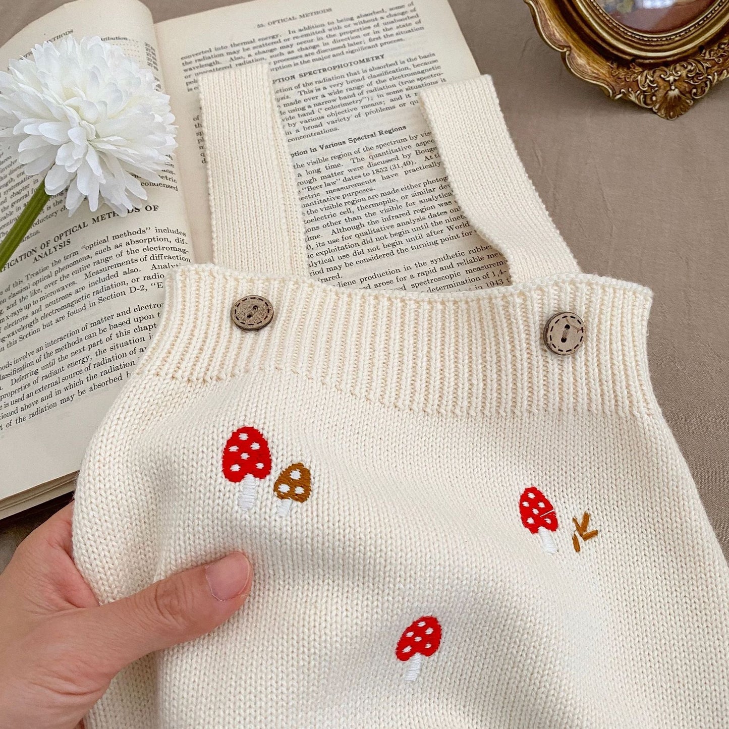 Mushroom Embroidered Sleeveless Onesie & Sweater