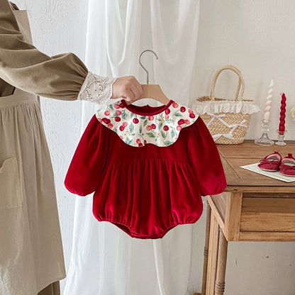 Long Sleeve Cherry Pattern Color Patchwork Onesie