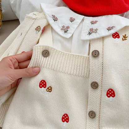 Mushroom Embroidered Sleeveless Onesie & Sweater