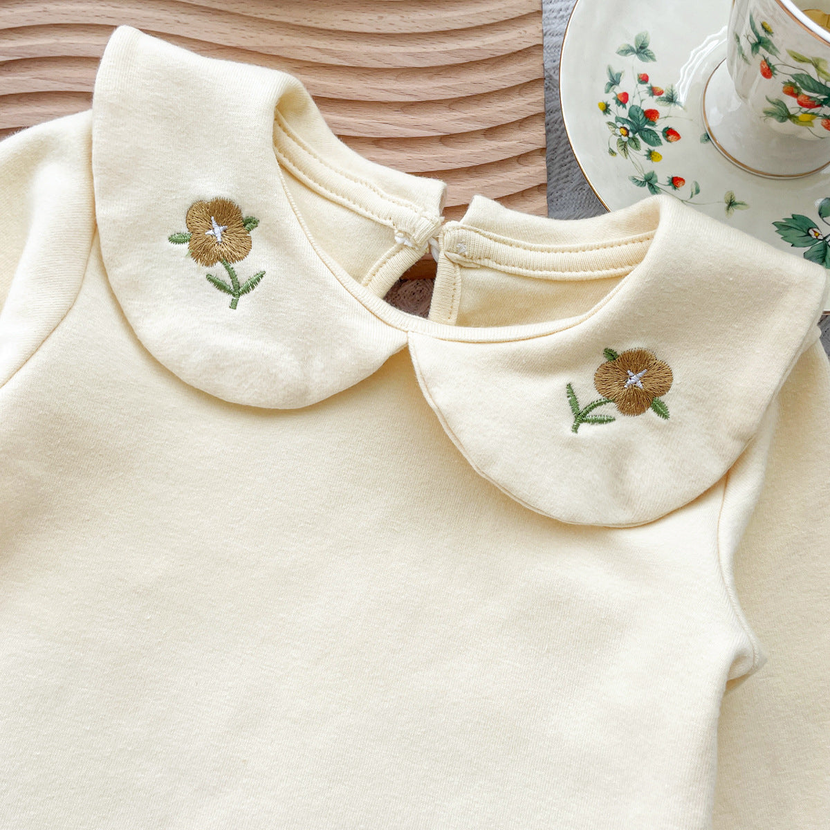Flower Embroidered Long Sleeve Onesie Set