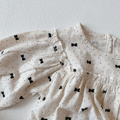 Bow & Polka Dot Graphic A-Line Long Sleeve Shirt Set