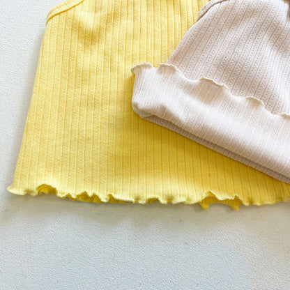 Ribbed Knit Lettuce Trim Design Sling Tops & Shorts Set