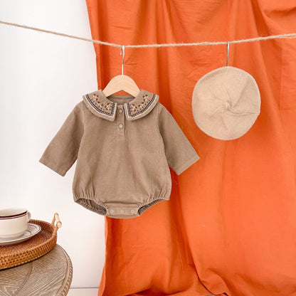 Embroidered Collar Long Sleeve Corduroy Onesie