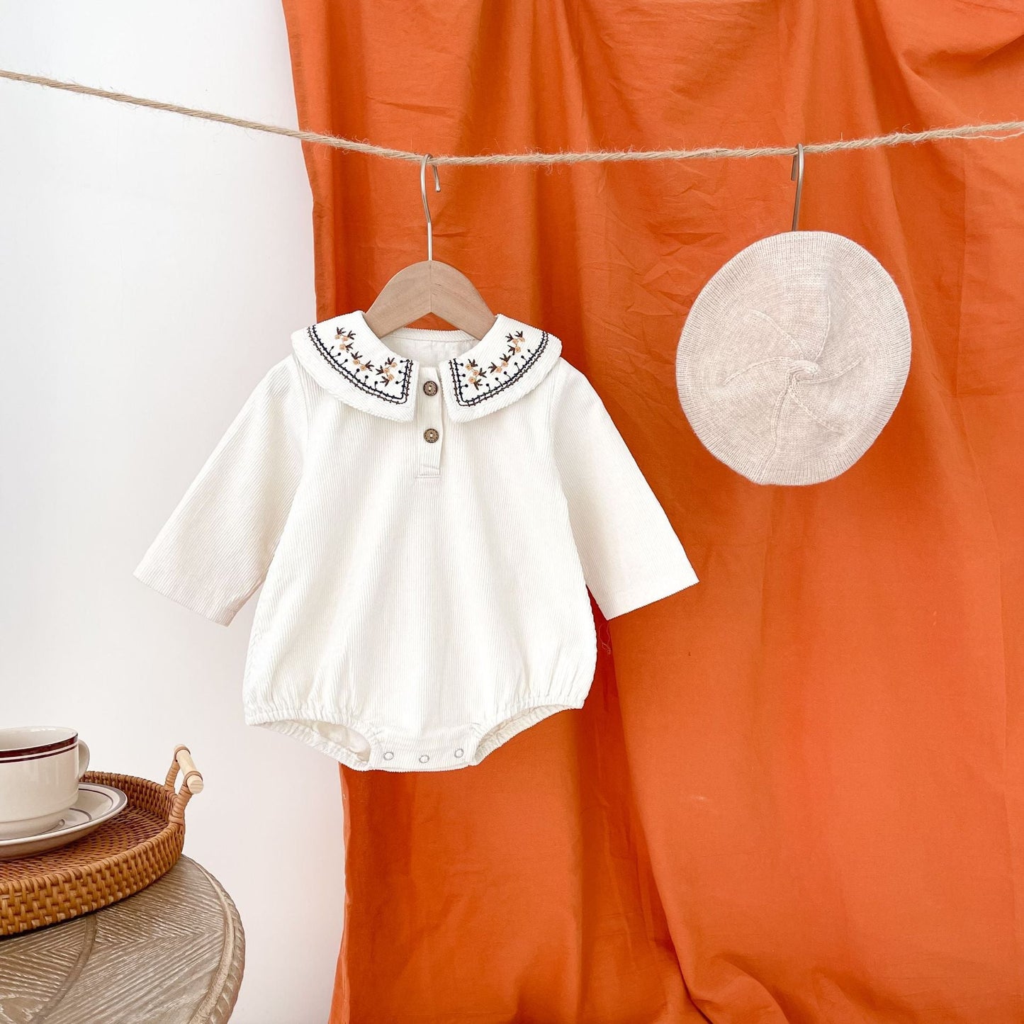 Embroidered Collar Long Sleeve Corduroy Onesie