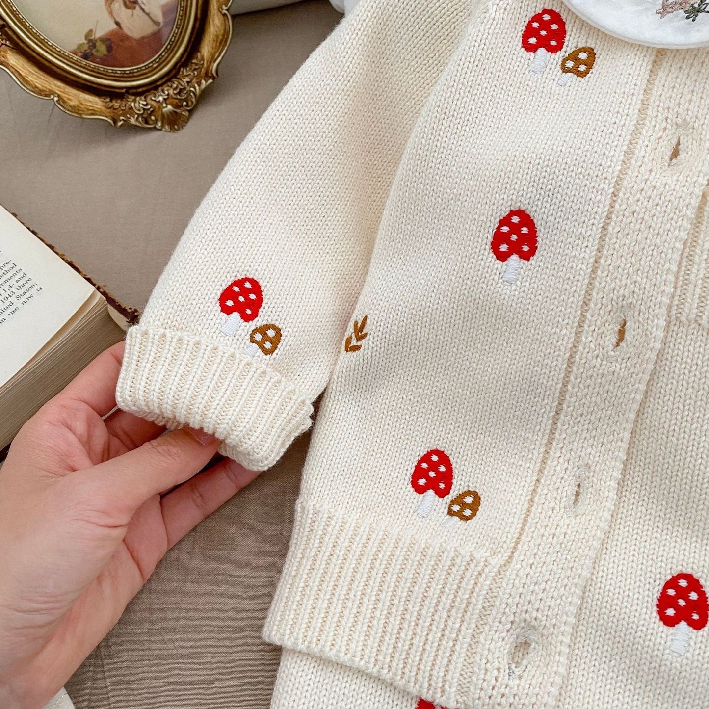 Mushroom Embroidered Sleeveless Onesie & Sweater