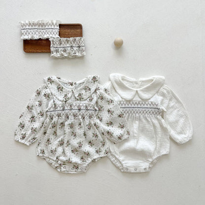 Floral Print Doll Collar Long Sleeve Onesie