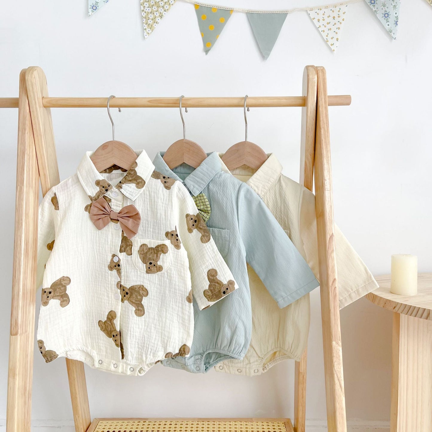 Single-Breasted Bear Print Onesie with Bow Tie
