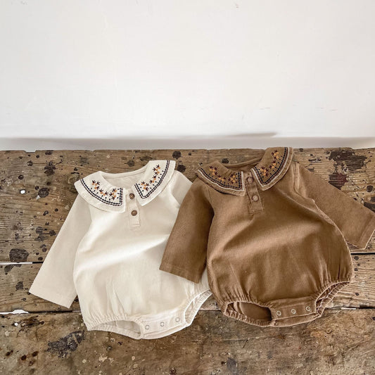 Embroidered Collar Long Sleeve Corduroy Onesie