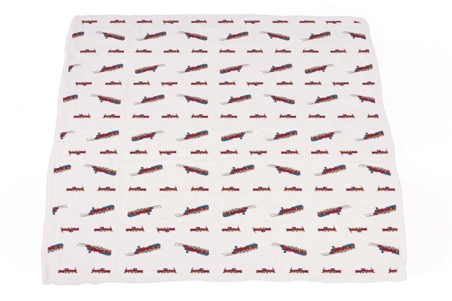 Vintage Steam Trains and Blue Stripe Bamboo Muslin Newcastle Blanket