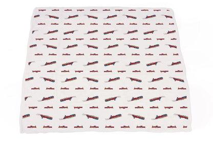 Vintage Steam Trains and Blue Stripe Bamboo Muslin Newcastle Blanket